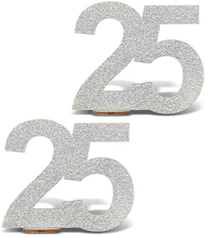 Oblique Unique Zahl 25 Holz Aufsteller mit Glitzer 2 Stk. Dekoration für Silberhochzeit 25. Geburtstag Jubiläum Deko Silber Tischdeko