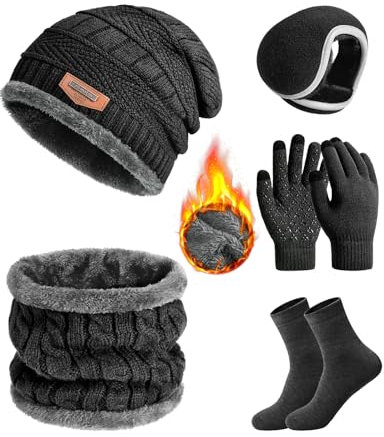 heekpek Herren Mütze Schal Handschuhe Ohrenwärmer Socken Set Thermo Gestrickt Wintermütze Loop Schal Touchscreen Handschuhe Herren Winterzubehör 5-teiliges Set, Schwarz
