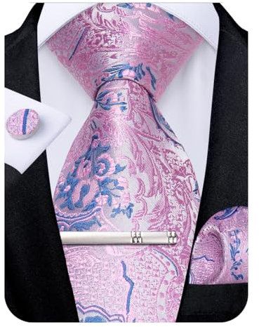 DiBanGu Cravate en soie tissée pour homme avec boutons de manchette carrés et pince à cravate pour mariage et affaires, rose/bleu, taille unique