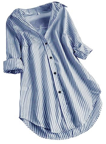 Camicia da donna alla moda con stampa a righe, a maniche lunghe, colletto rovesciato, maniche lunghe, con orlo irregolare, taglie S-5XL, Azzurro, M