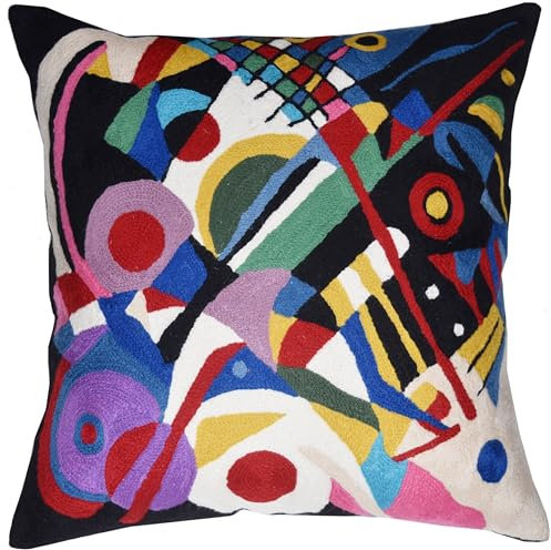 Kandinsky Impulse moderner dekorativer Kissenbezug, schwarz, abstrakt, Bauernhaus-Stuhlkissen, modernes Kissen, Mitte des Jahrhunderts, handbesticktes Kissen, Wolle, Größe 45,7 x 45,7 cm