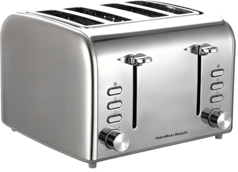 Hamilton Beach Toaster, 4 Slice, Rise, 1600W, Brushed & Polished, Stainless Steel, 6 Variable Browning Levels, Removable Crumb Tray, Defrost, Cancel & Reheat Settings, Silver - HB5729