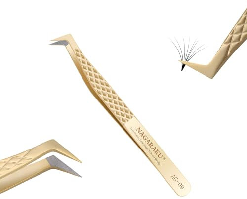 NAGARAKU Pince Fibre Cils Volumineux Greffage Pince à Épiler Précision Professionnelle Poignée Antistatique Antidérapante Or Acier Inoxydable Curved Tweezer pour Créer des Fleurs de Cils （L Typ AG-09)
