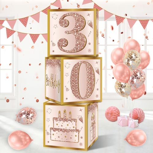 Guiruiy 3Pcs 30th Birthday Decorations Boxes for Women, Pink Rose Gold 30th Birthday Balloons Boxes Party Supplies, Pink Thirty Year Old Bday Theme Cardboard Box Decor