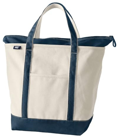 Lands' End - Natural Zip Top Canvas Tote Bag - 100% Cotton Canvas Bag - With Water Repellent Base and Trim - Internal and External Pockets & 500lb Capacity - Gym, Uni and Travel Essentials