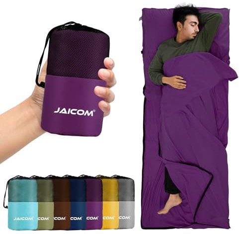 JAICOM Hüttenschlafsack, Ultraleichter Seideschlafsack für Reise, 2in1 Hüttenschlafsack, Bequemer und Weicher Schlafsack kleines Packmaß aus Mikrofaser, Ideal für Rucksackreise, Hotels (Lila)