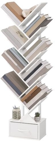 MAHANCRIS 142cm Bücherregal, Freistehendes Baumförmiges, Standregal 9 Ebenen, Bücherregal mit Schublade, DVD Regal, für Büro, Wohnzimmer, Schlafzimmer, Weiß ABKBW7701