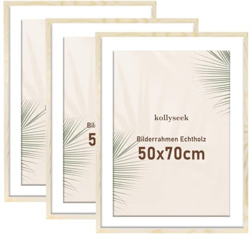 kollyseek Bilderrahmen 50x70cm Holz 3er Set mit Passepartout Pine Echtholz Rahmen mit Acrylglas Kieferholz Fotorahmen mit Bruchsicherem Acrylglas platten bilderrahmen Wood zimmer deko
