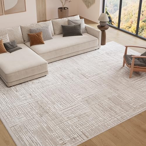 TAPISO Trend Teppich Kurzflor - Moderner Teppich Hochwertig - Eleganter Wohnzimmerteppich in Beige Creme mit Braun - Streifen Verwischt- Pflegeleichter Teppich - Oeko-TEX 200 x 300 cm