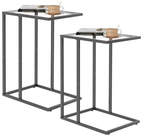 Huhote C Shaped End Table Set of 2, Glass Side Table for Couch, Sofa Tables with Metal Frame, CouchTable with Suction Cups, Narrow Bedside Tables for Living Room, Bedroom, Bedside, Black