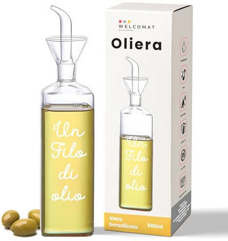 WELCOMAT Oliera Salvagoccia Da Tavola - Un Filo D'Olio - In Vetro - 500ml / 0,5 litri, Con Dosatore, Facile da Pulire, Utensili Cucina, Regali per la Casa