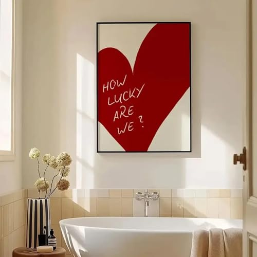 CAOXTART Abstraktes rotes Liebesherz „How Lucky Are We“, Poster, ästhetisches Leinwandgemälde, moderner Druck, Wandkunst, Schlafzimmer, Heimdekoration, 30 x 40 cm, rahmenlos