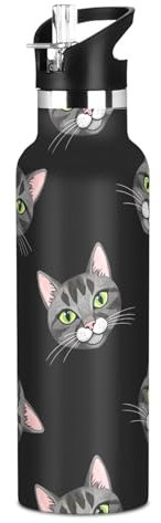 Water Bottle for Kids with Straw Leakproof Sports Water Bottle for Boys Girls 20oz, BPA-Free, Cat Green Eyes