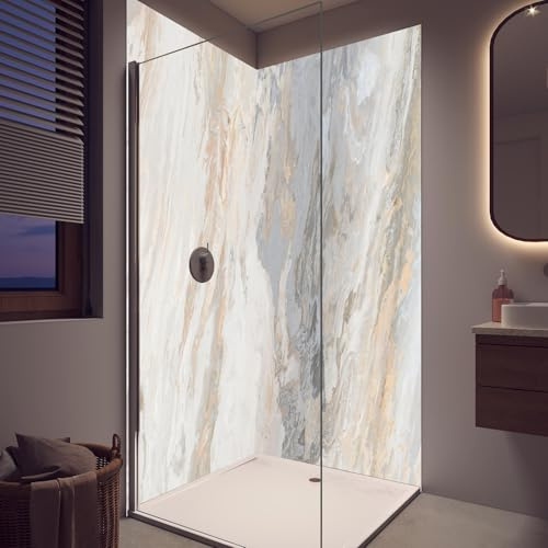 Duschrückwand Gräulich-beiger matter Marmor - Wandverkleidung für Dusche aus ALU Matt 0,3 cm - fugenlos & wasserfest - einfache Montage - Rückwand Dusche 90 x 200 cm - RUECKWAND24