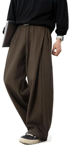Mens Pleated Wide Leg Old Money Baggy Pants Casual Elastic Waist Drawstring Pants Loose Fit Long Trousers with Pockets Coffee