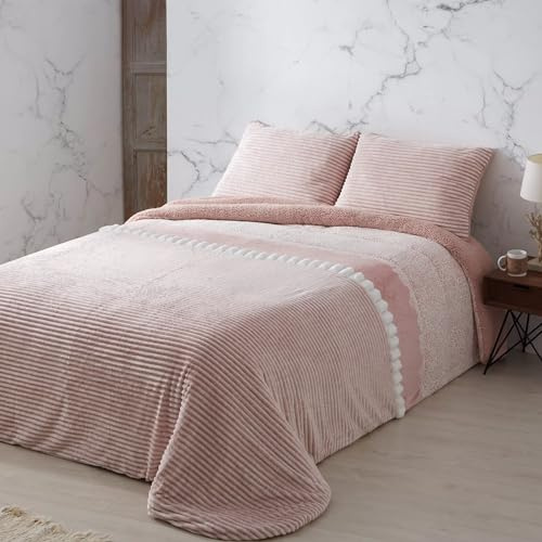 Edredón Sherpa Manterol DOKO Rosal Nude - Suave y Cálido con Reverso de Borreguito, Incluye Fundas de Cojín - Ideal para Invierno (180 cm)