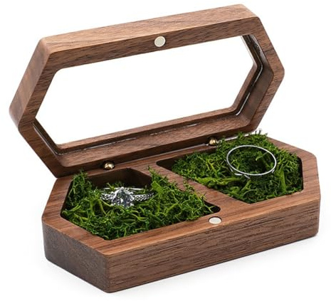 Bosiyrggrl Wooden Ring Box 2Slots Ring Holder Box Travel Ring Earrings Jewelry Storage Daily Organizer Engagement Wedding RingBox D