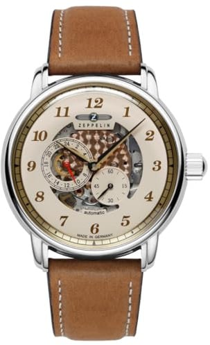 Zeppelin 8658-5 Herren Automatikuhr – Made in Germany, Silberfarben, Lederarmband Braun