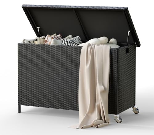 Amopatio 310L Gartenbox Auflagenbox wasserdicht, Kissenbox Outdoor aus Polyrattan, Aufbewahrungsbox Metall mit Rollen & Gasdruckfedern, Gartenkiste wetterfest für Garten, Balkon, Schwarz
