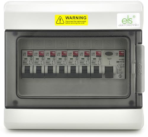 ELS Elektrotechnika Feuchtraum Verteilerkasten IP66 Aufputz | 9 Module Sicherungskasten Vormontiert mit FI-Schutzschalter & 7x LS (2xB10/5xB16) Typ A - UV-Beständig Outdoor