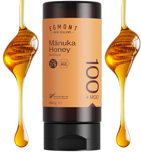 Egmont Honey Manuka Honig 100+ MGO | 350 g Quetschflasche | 100% Reiner Manuka Honig aus Neuseeland, MGO-zertifiziert, Non-GMO, Koscher, Rückverfolgbar, Recycelt, Immunsystem