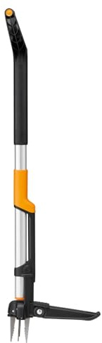Fiskars X-Series Unkrautstecher | D-förmiger Griff, Verlängerbar auf 120 cm, Auswurfsystem, Klappbare Fußplatte, Schwarz/Orange, 1082709
