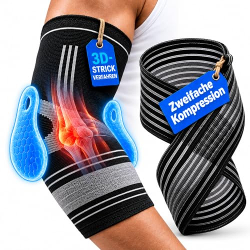 HEALTH & FIT Premium Ellenbogenbandage mit 2× Gel-Pads – Kompressionsbandage mit 2× Anti-Rutsch-Silikonstreifen & Fixierschlaufe, verstellbar & ergonomisch, für Sport, Arbeit & Alltag (S/M)