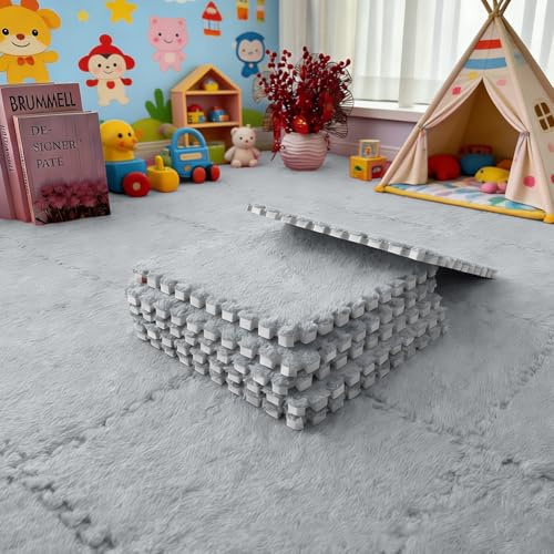 12 Stück Ineinandergreifende Plüsch-Schaumstoffmatte,Wohnzimmer-Schlafzimmer-Teppichfliesen,Teppichfliesen Bodenmatten Mit Rand,Weiche Spielmatten Puzzle Teppich 30x30x1cm (Weiß)