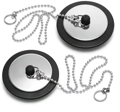 uncakil 2 Pack Bath Plug and Chain Sink Plug with Chain - Premium Rubber & Stainless Steel,42mm-45mm Bathroom Plug Chain,Leak-Proof Replacement Plug for Bathroom Basin,Kitchen Sink & Bathtub