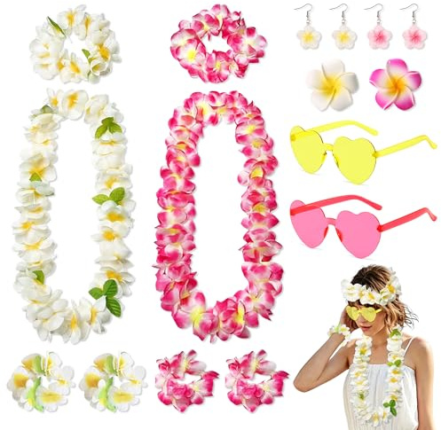 YinnFeen 12 Pièces Collier Hawaïen Fleurs, Collier de Fleurs Hawaïenne, Chaîne de Fleur avec Bandeaux Bracelets Lunettes Cœur pour Fête d'Été Plage Carnaval Tenue Déco Piscine