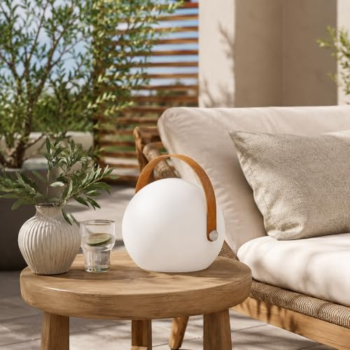 Alpinaluz Lámpara Bola Portátil RGBW Recargable 5W D20 cm IP65 | Diseño esférico con asa metálica efecto madera, mando, 16 colores y brillo regulable para terraza, jardín y camping