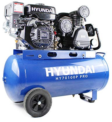 Hyundai 90 Litre Air Compressor, 10.7CFM/145psi, Petrol 7hp with 2 Year Warranty Blue