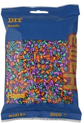 Hama Perlen 201-92 Bügelperlen Beutel mit ca. 3.000 bunten Midi Bastelperlen mit Durchmesser 5 mm im Mix gestreift, kreativer Bastelspaß für Groß und Klein