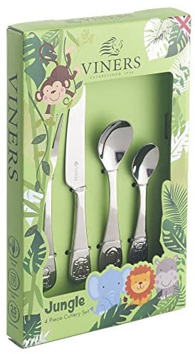 Viners Jungle Kids Cutlery Set | Children’s Mirror Polished Flatware Gift Box with 25 Year Guarantee | for Ages 1-5 | 18/0 Stainless Steel, 4 Piece
