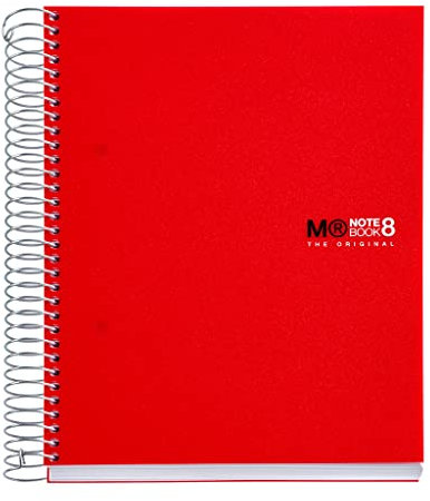 Miquelrius - Notizbücher A5 The Original Notebook, 8 farbige Streifen, Undurchsichtiger Polypropylen-Einband, Format A5 (148 x 210 mm), 2-Loch-Lochung, 200 Blatt mit 70 g/m², Raster 5 mm, Rot