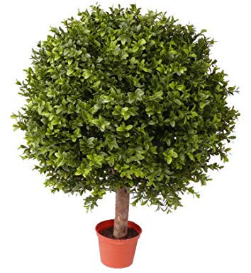 Künstliche Buchskugel 48cm auf Stamm 65cm hoch mit UV-Schutz und Naturstamm im Topf für Außen und Innen