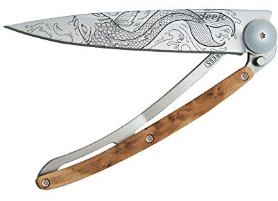 Deejo Taschenmesser TATTOO FISCH, Stahl AISI 420, Liner Lock, Wacholderholz-Schalen, Gürtelclip, Deejo-Box