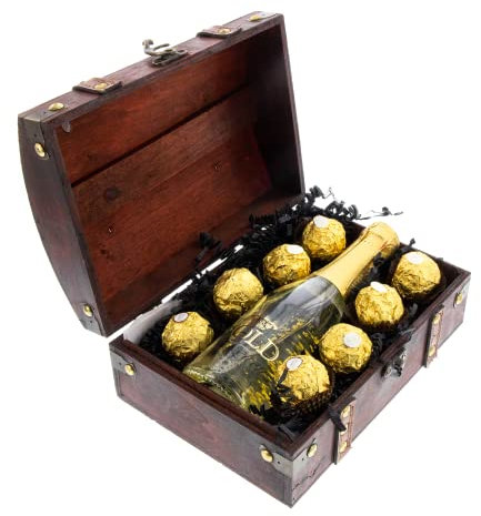 Bull & Bear Geschenk Mini-Truhe Gold-Schätzchen, Truhe ca. 22 x 15 x 9,5cm, mit 0,2l Sekt mit echtem Blattgold 22 Karat und 8 Rocher Pralinen