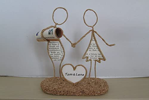 Drahtfigur Paar mit Herz für Geldgeschenk, personalisierbar/individualisierbar mit Wunschtext im Herz, z.B. für Hochzeit/Weihnachten, ca. 15 cm