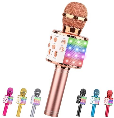 ShinePick Microfono Karaoke Bambini, Microfono Wireless con LED Flash, Portatile Karaoke Player con Altoparlante per Android/iOS, PC e Smartphone(Oro Rosa)
