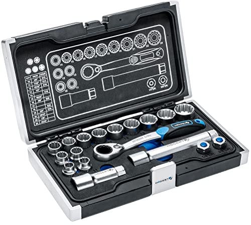 Högert Technik - Caja de Herramientas, Juego de Herramientas, Maletin Herramientas, Juego de Llaves de Vaso y Accesorios, Mecanismo de Trinquete con 60 Dientes - HT1R478, 18 Piezas