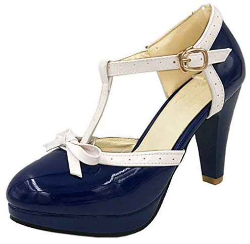 Lovouo Scarpe da donna Mary Jane in vernice con cinturino e fiocco, plateau e tacco quadrato di 9 cm, Blu marino, 38 EU