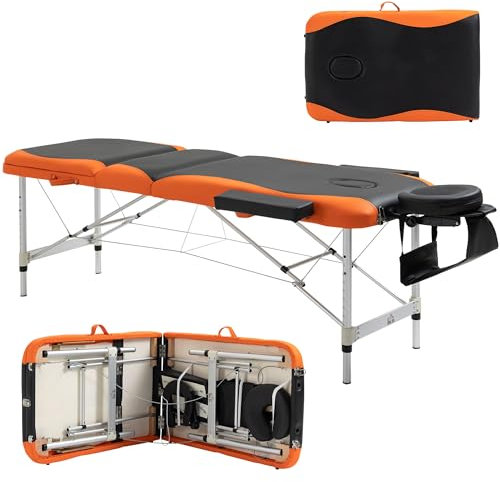 HOMCOM Lettino da Massaggio Pieghevole ad Altezza Regolabile, Lettino Professionale per Massaggi in Alluminio e Plastica, 215x81x61-84 cm, Nero e Arancione