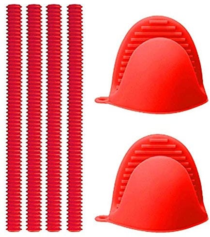 Oven Rack Shields - 2 Pcs Small Silicone Heat-Resistant Mitts + 4 Pcs Silicone Oven Shelf Rack Guard Protector - Protect Against Burns and Scars - 100% BPA Free (Red)