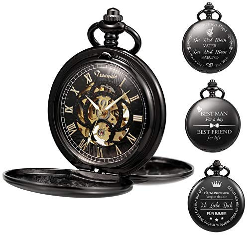 TREEWETO Taschenuhr Unisex Personalisiert Gravur Taschenuhr mit Kette Analog Handaufzug Doppelscharnier Antik Graviert Römische, Schwarzes Zifferblatt