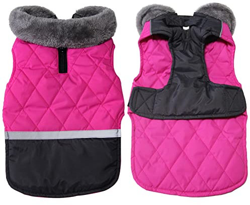 JoyDaog Wendbarer Hundemantel für kleine Hunde mit Fleece-Kragen, wasserdicht, warme Welpenjacke für den kalten Winter, Dunkelrosa, Größe S