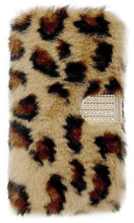 Awenroy Furry Wallet Case for iPhone SE iPhone 5S iPhone 5 Fluffy Handmade Hair Soft and Comfortable Plush Vogue Stylish and Bling Crystal Design Premium Leather Flip Wallet Case - Leopard 1