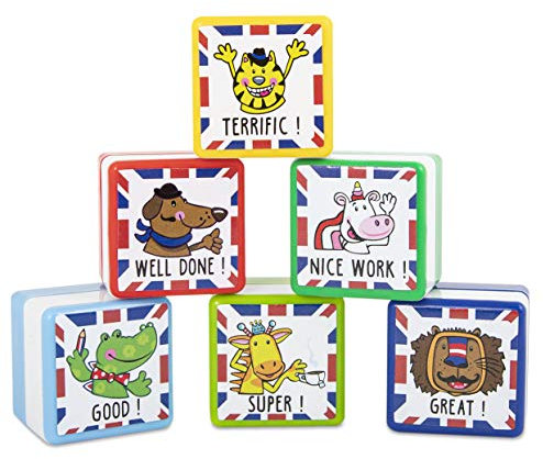 TRENDHAUS 601506 Lehrer Stempel Set Englisch, 6 selbstfärbende Belohnungsstempel, 3 cm x 3 cm x 2 cm, bunt
