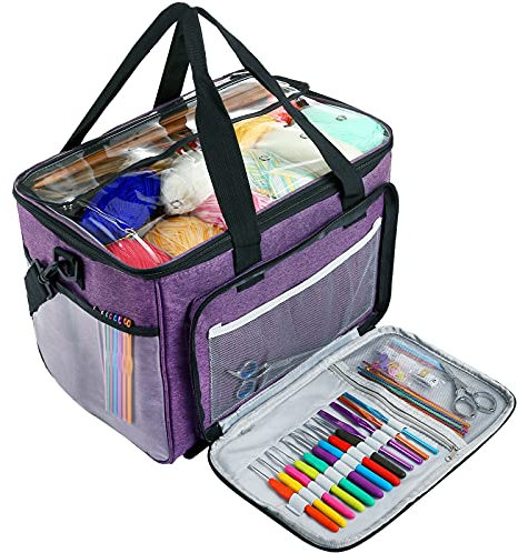 LEMESO Borsa a Maglia per Maglieria Lana Porta Lavoro Unicetto Custodia Filati Trasporto Conservazione Materiali per Cucito Inverno Sacco Organizer Tasche Scomparti Accessori Cuciture con Manico