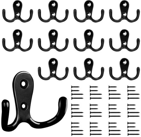 Bolatus 12 Stück Kleiderhaken, Haken Garderobe Doppelt Wandhaken Retro Haken Wand Metall Kleiderhaken Vintage mit 48 Schrauben für Garderobenhaken Badezimmer Küche(Schwarz)